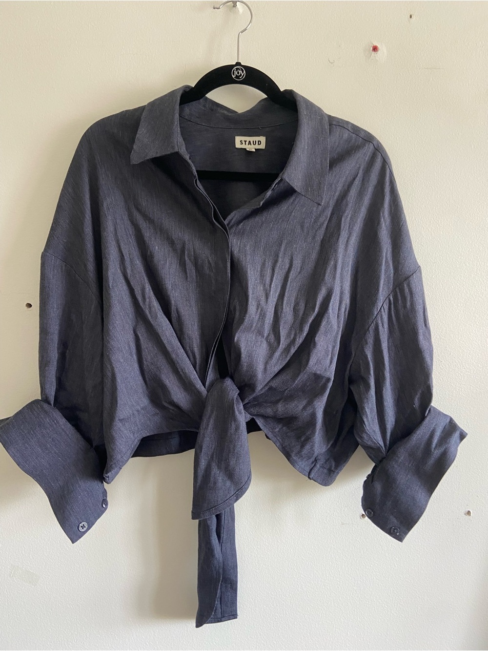 STAUD Lisa Linen Blend Crop Top Charcoal Gray Tie Front Button Up Size XL - Picture 3 of 8